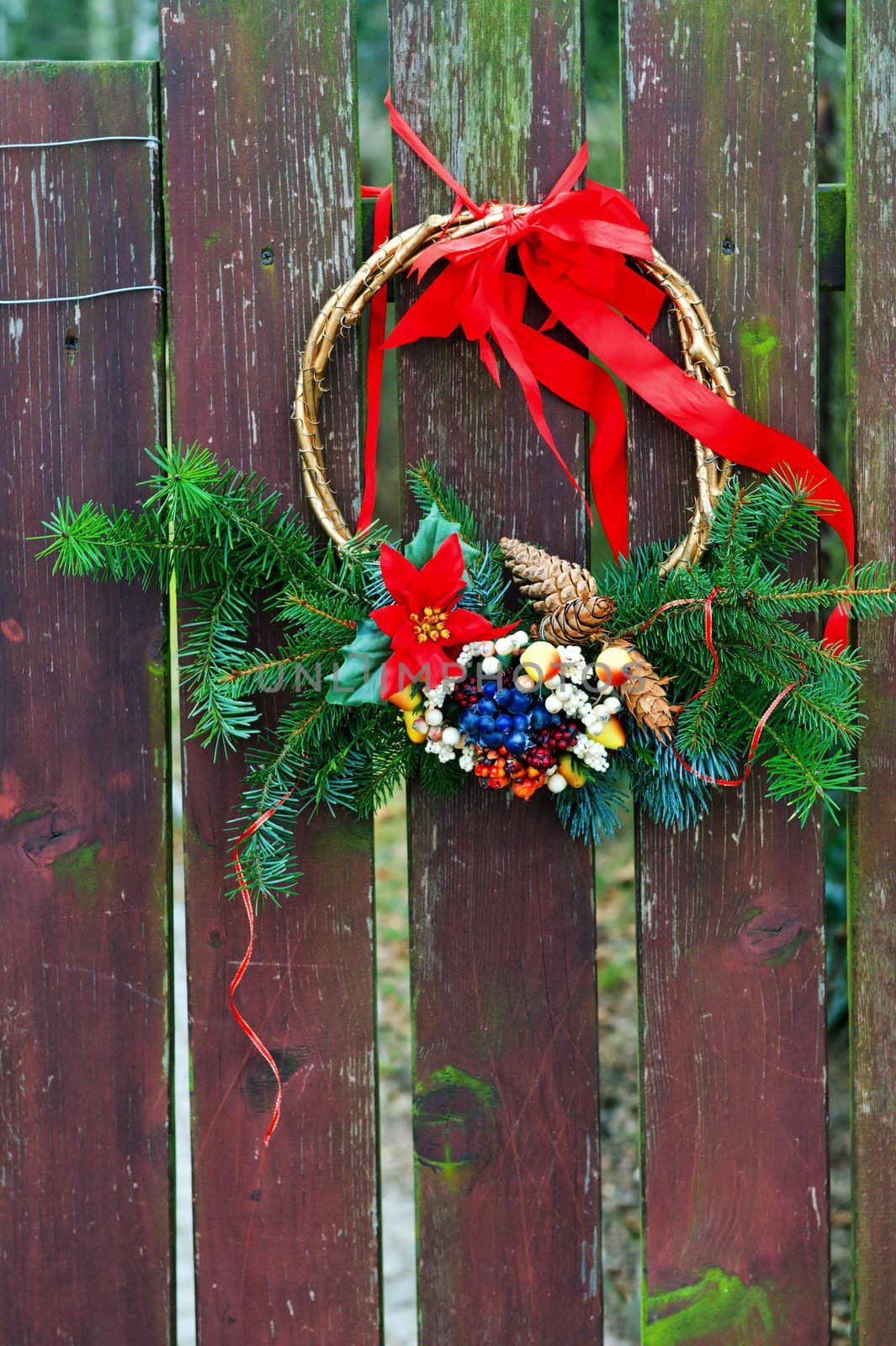 Christmas ornament on a wooden gate to village