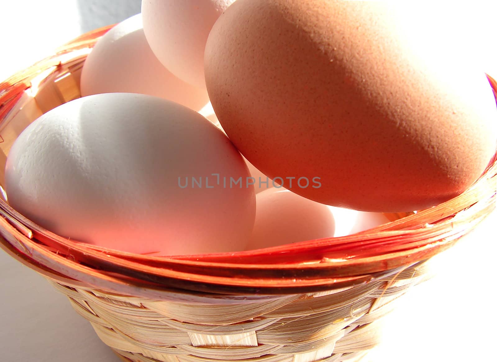 Eggs in basket in sunlight (white background)