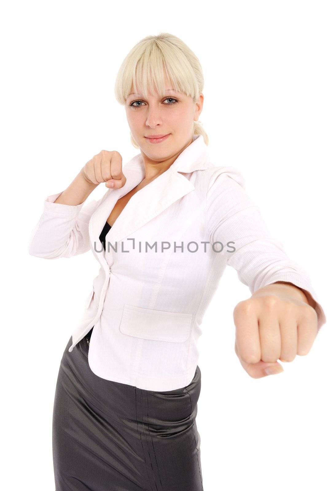 The blonde in a white jacket to do boxing