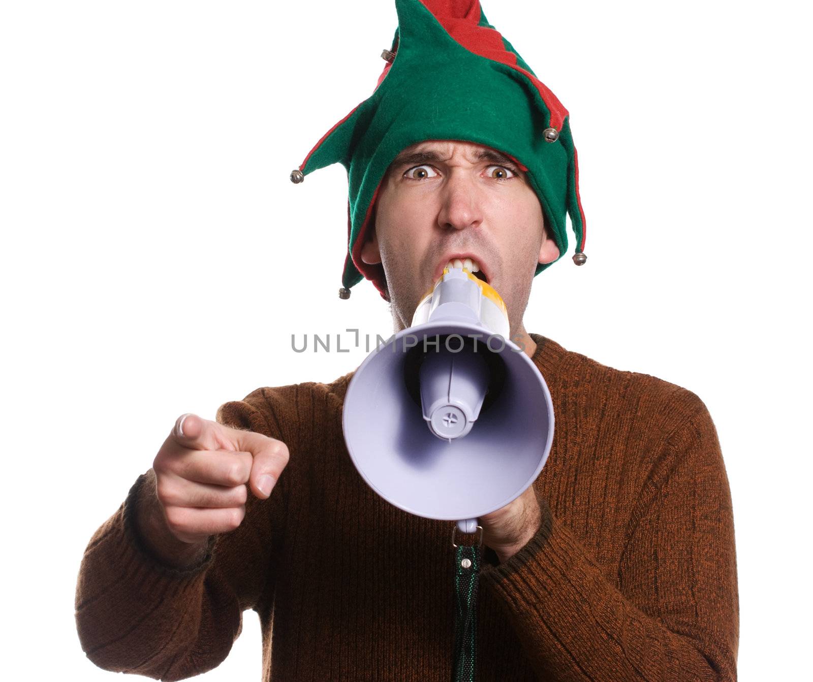 An adult elf is hollering into a megaphone and pointing with his finger
