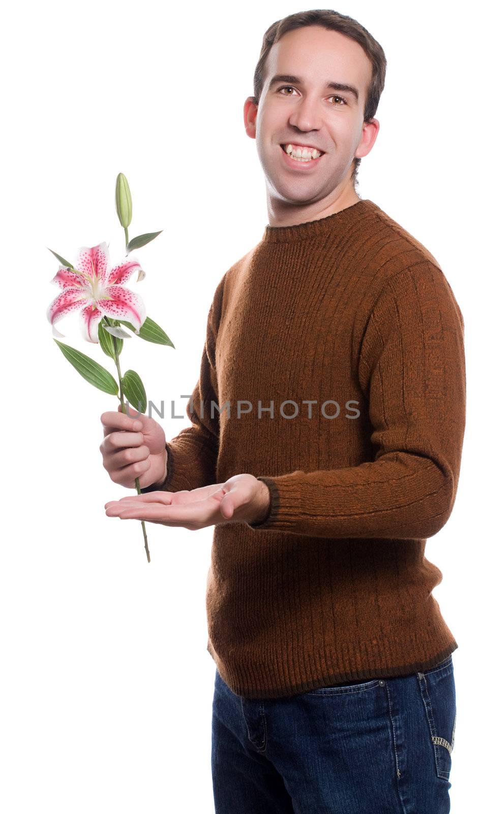 A young man offering a lily to someone unseen, isolated against a white background