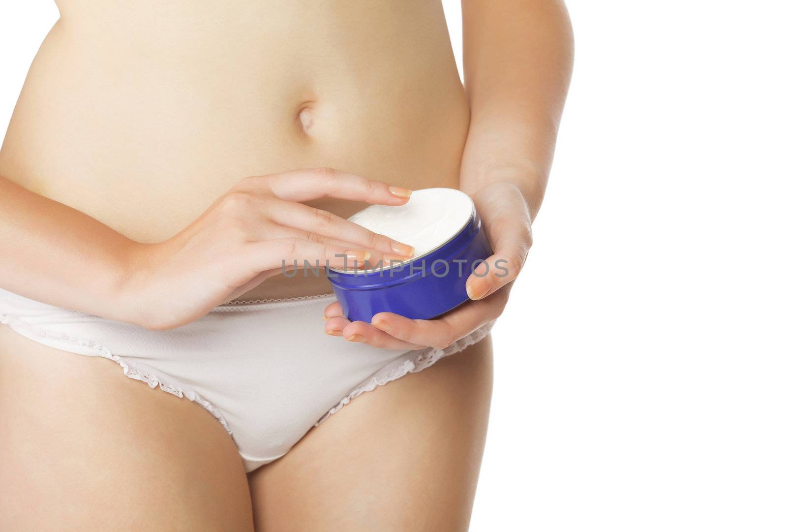 Woman with body lotion, isolated on white background