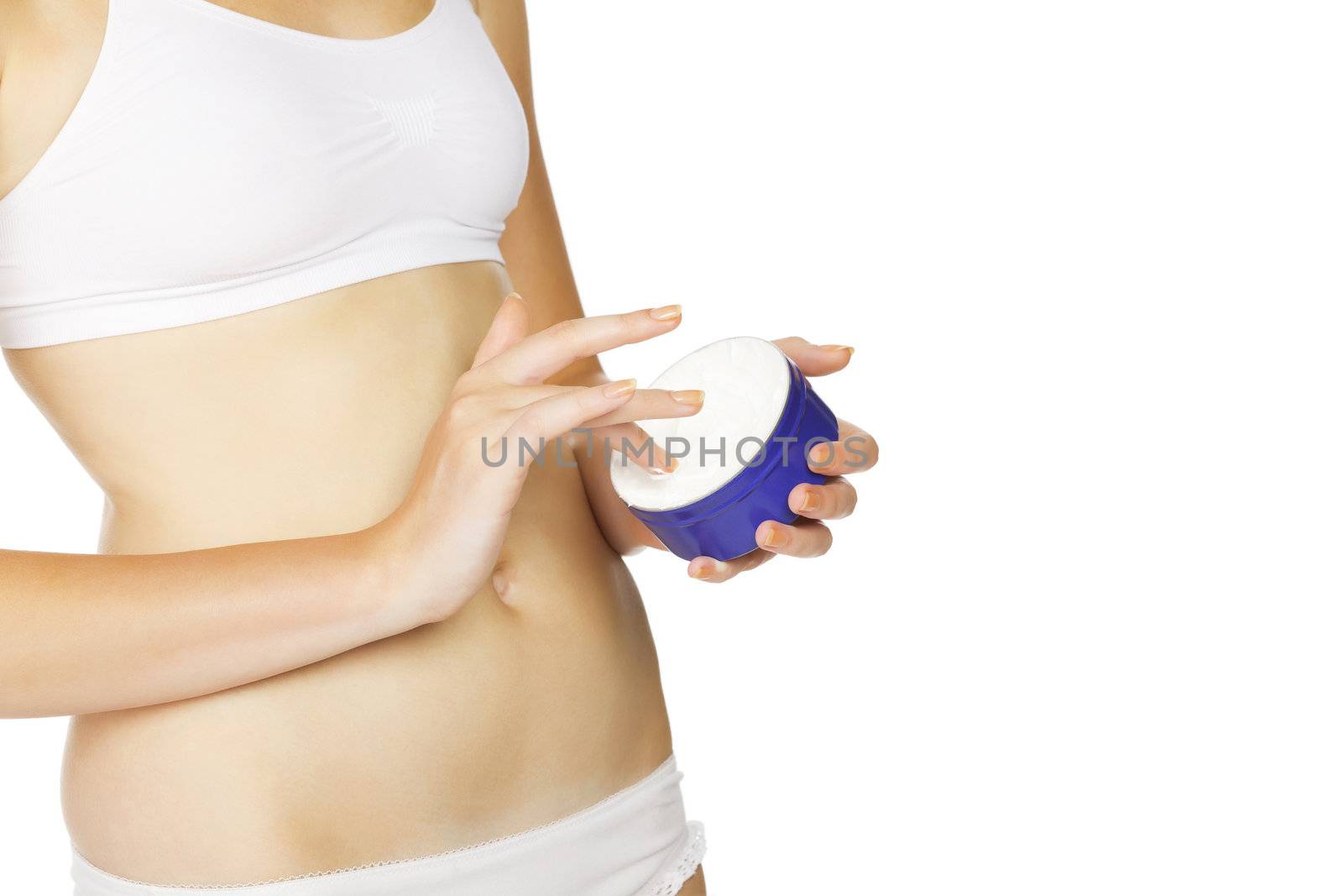 Woman with body lotion, isolated on white background