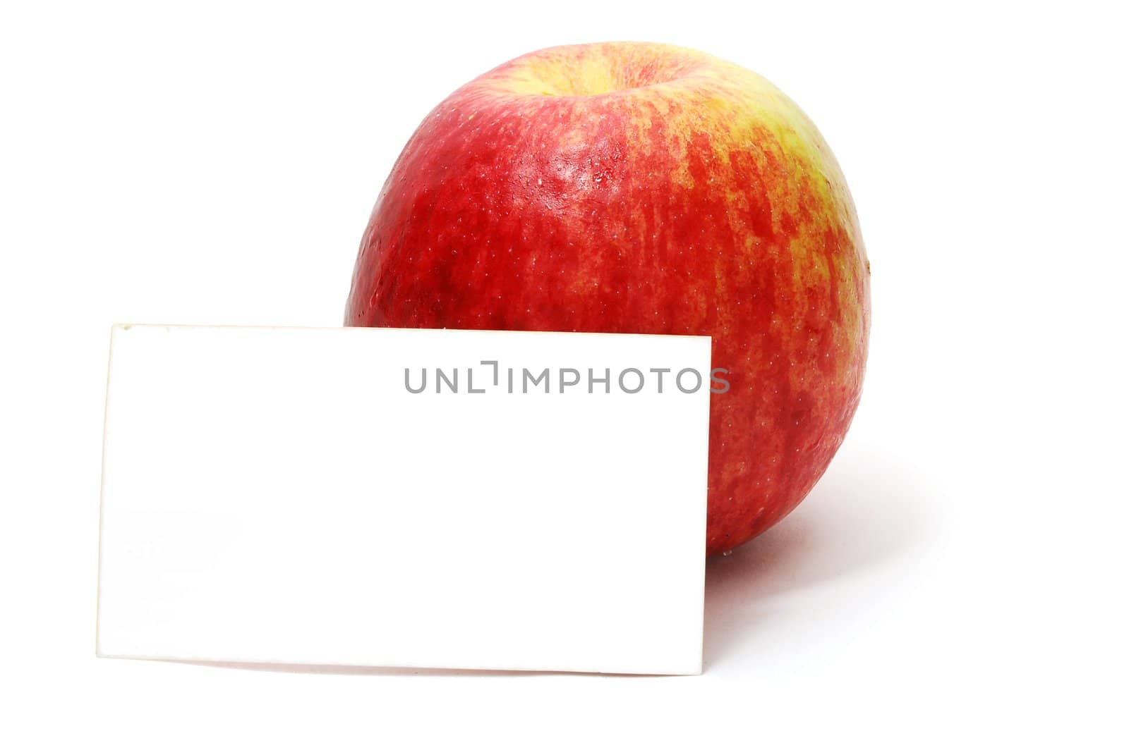 Red Apple with Blank Advertisement Card Isolated on White Background with Shadow