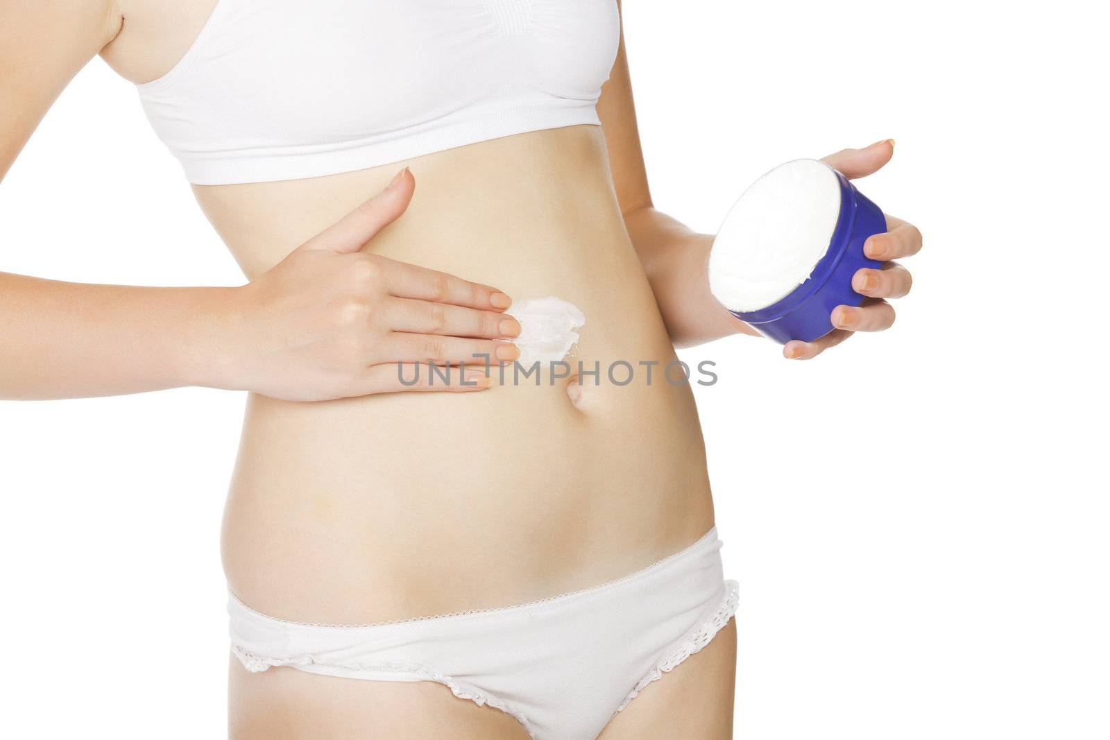 Woman with body lotion, isolated on white background by Nobilior