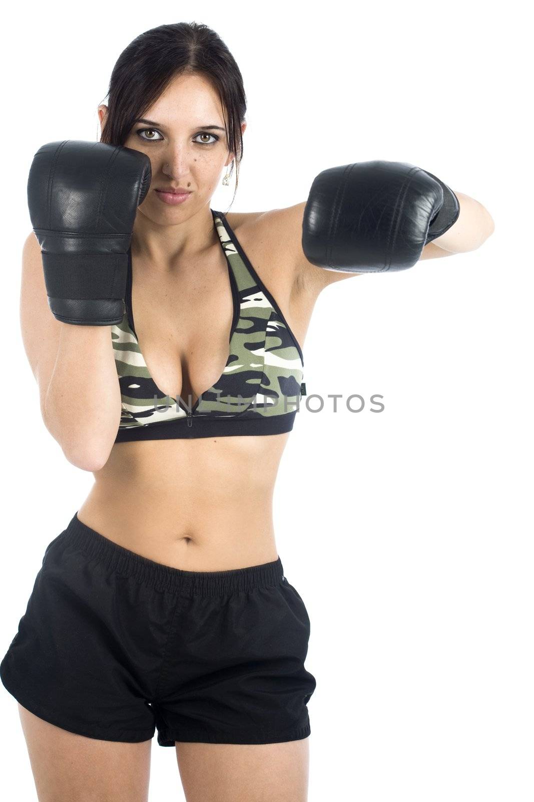 A sexy young hispanic woman wearing a gym outfit, isolated on a white background.