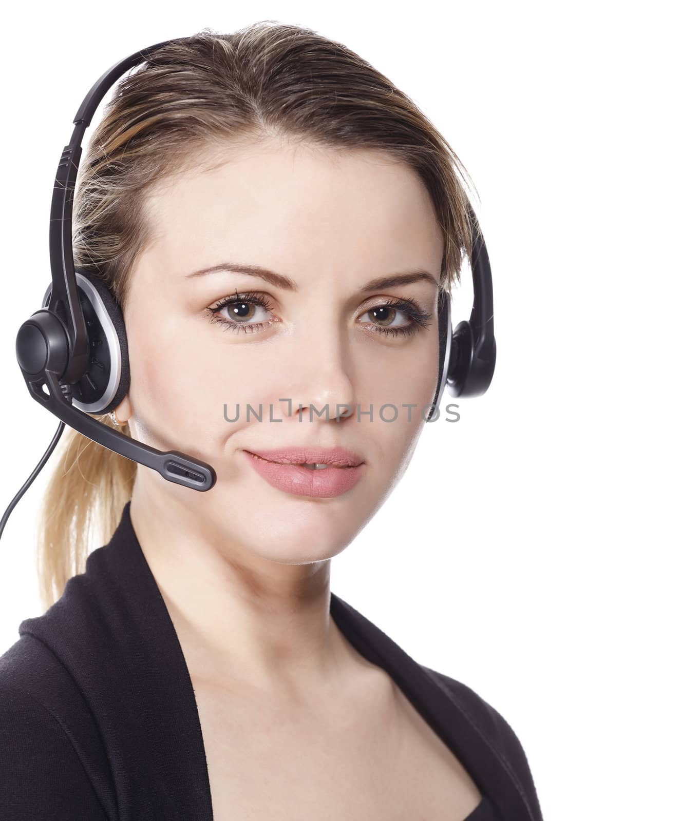 Cute smiling woman with headset - isolated over a white background.