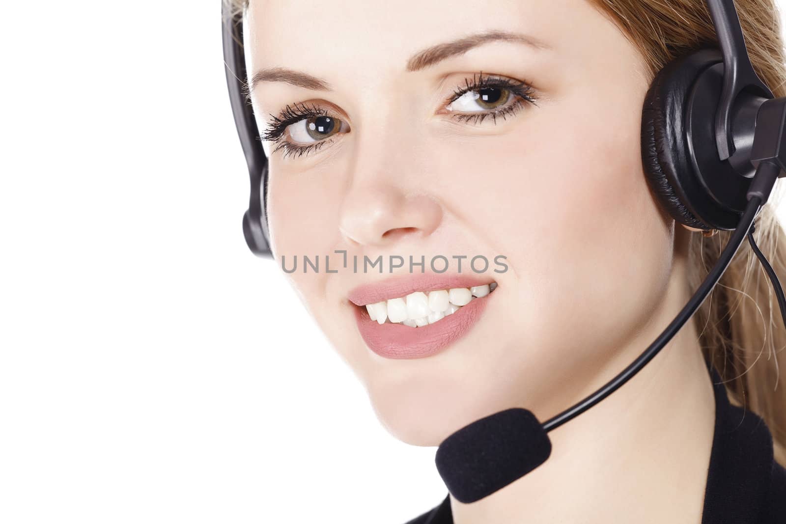 Business woman with headset - isolated over a white background.
