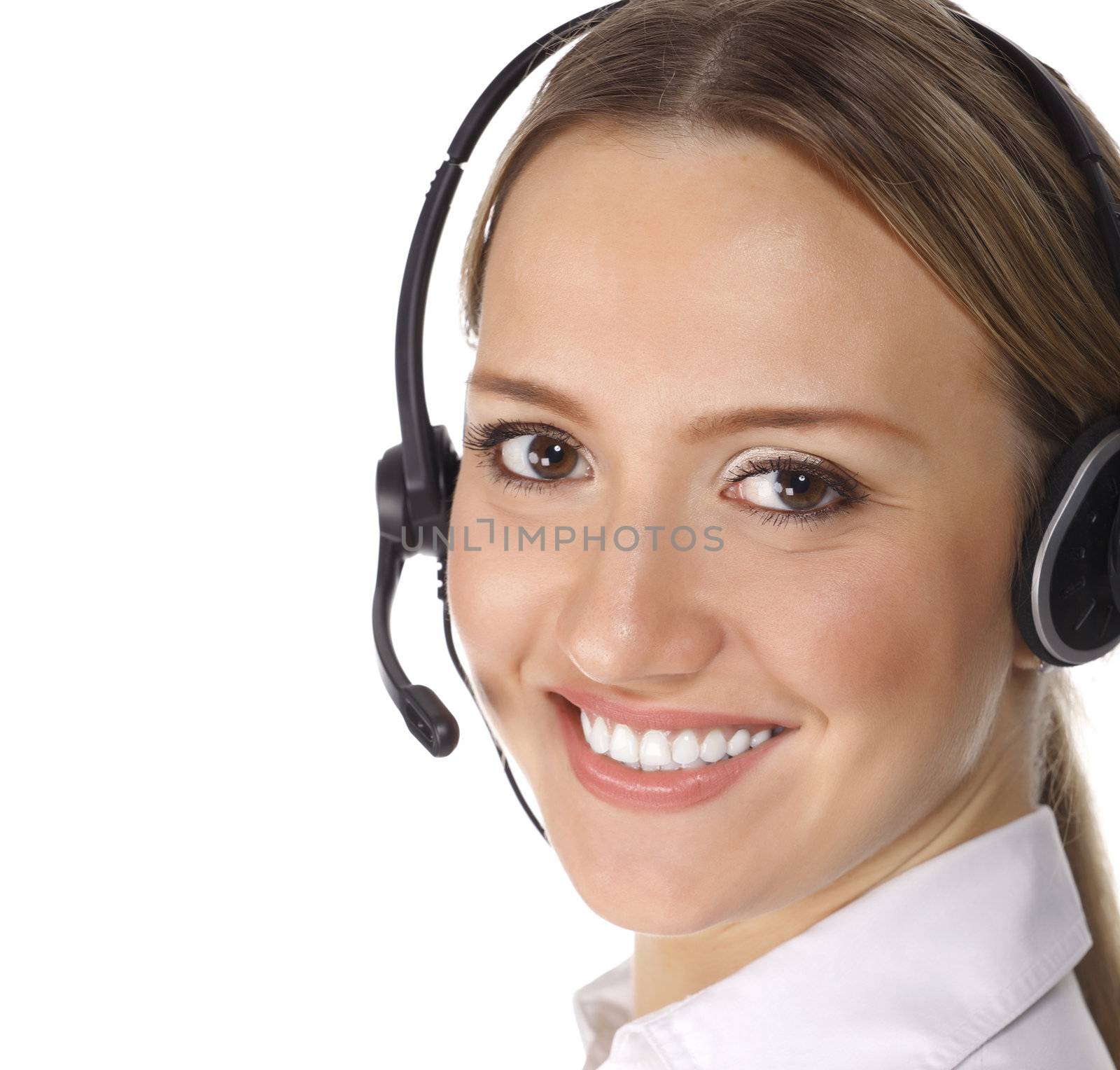 smiling cheerful support phone operator in headset, isolated on white background