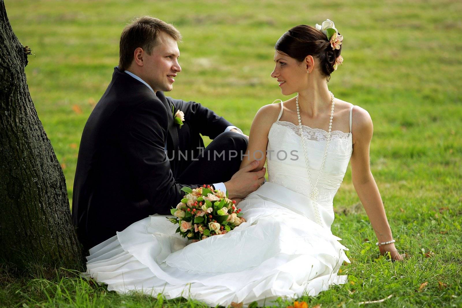 Happy young newlywed couple sat under tree in countryside.