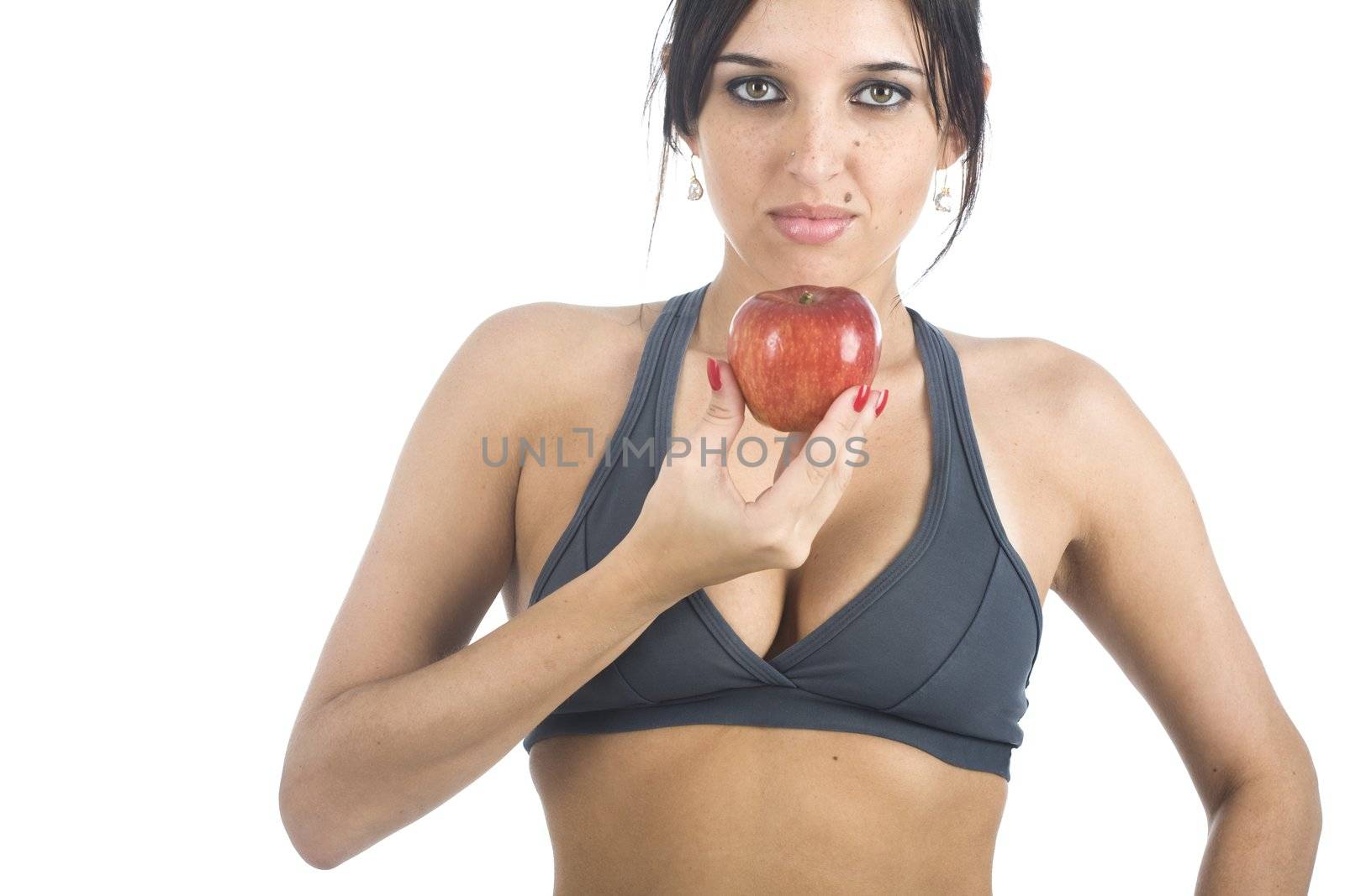 A sexy young hispanic woman wearing a gym outfit, isolated on a white background.