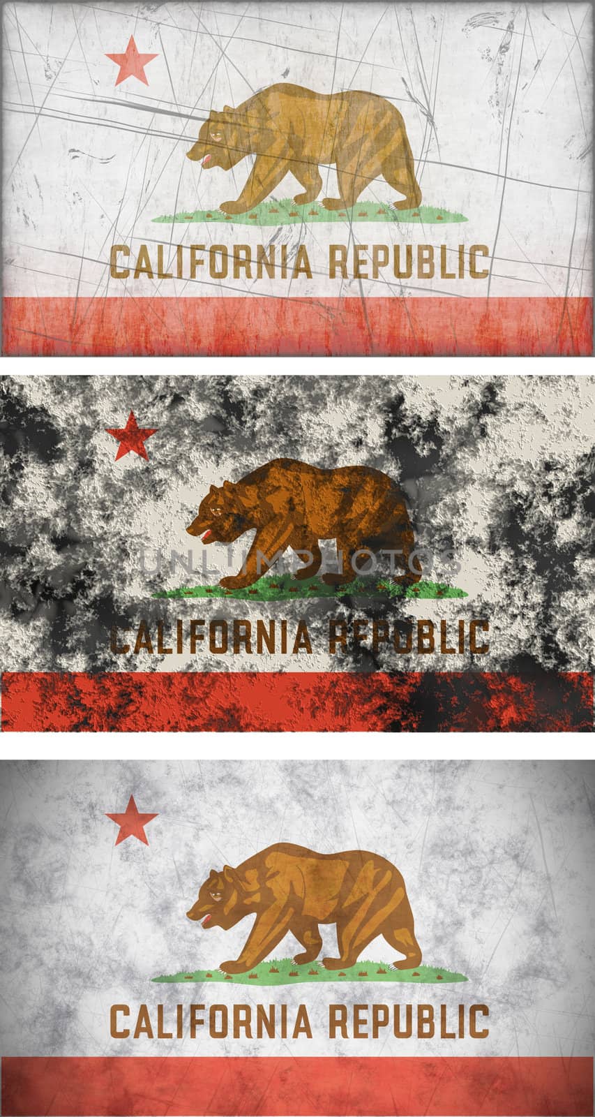 Great Image of three grunge flags of California