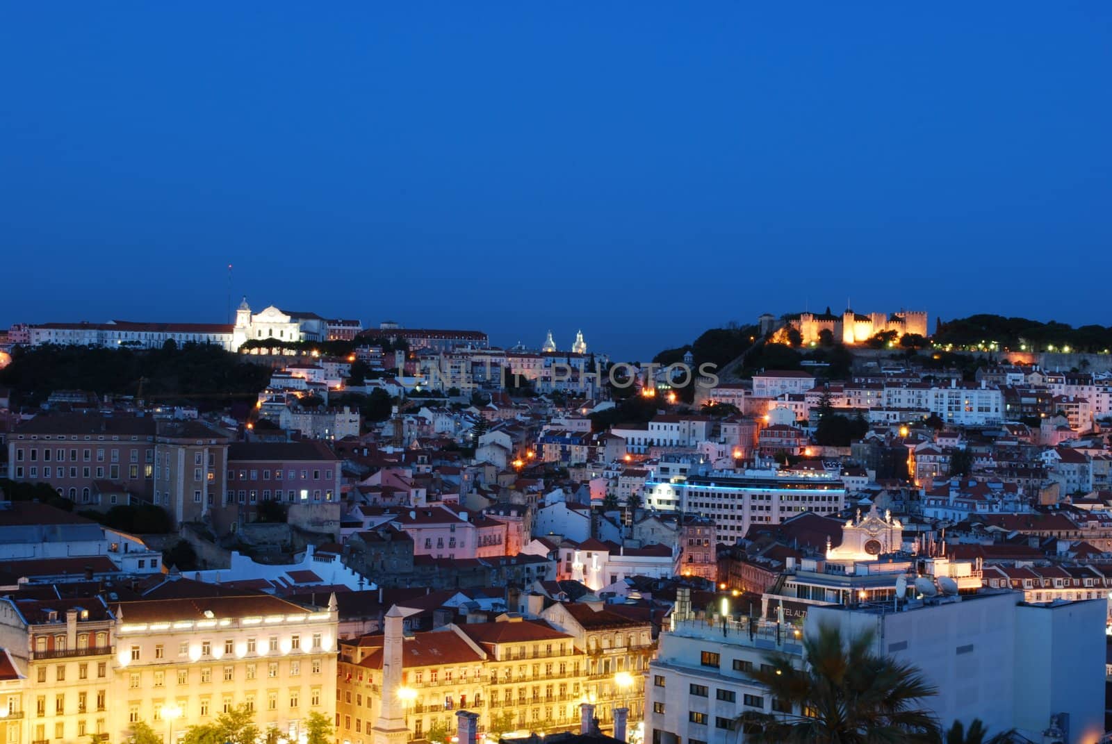 beautiful nightscape view of Lisbon (Castle of Sao Jorge, Cathedral and Pantheon)