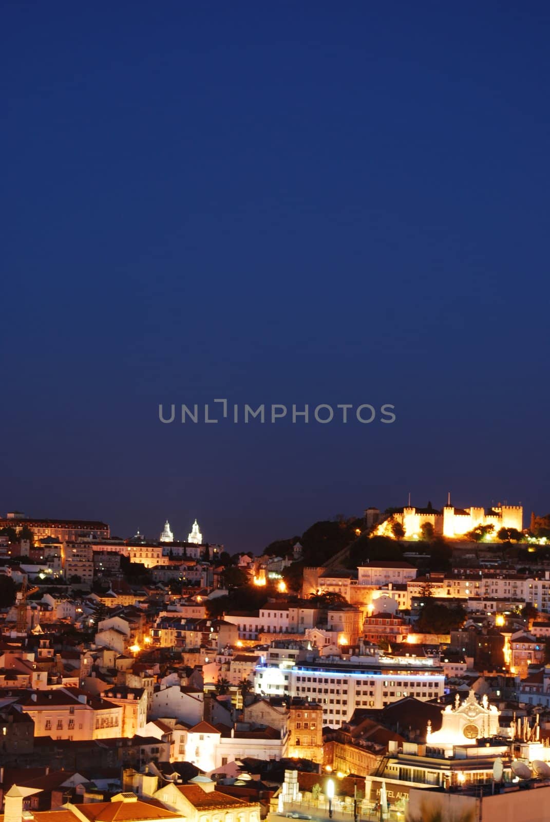 beautiful nightscape view of Lisbon (Castle of Sao Jorge, Cathedral and Pantheon)