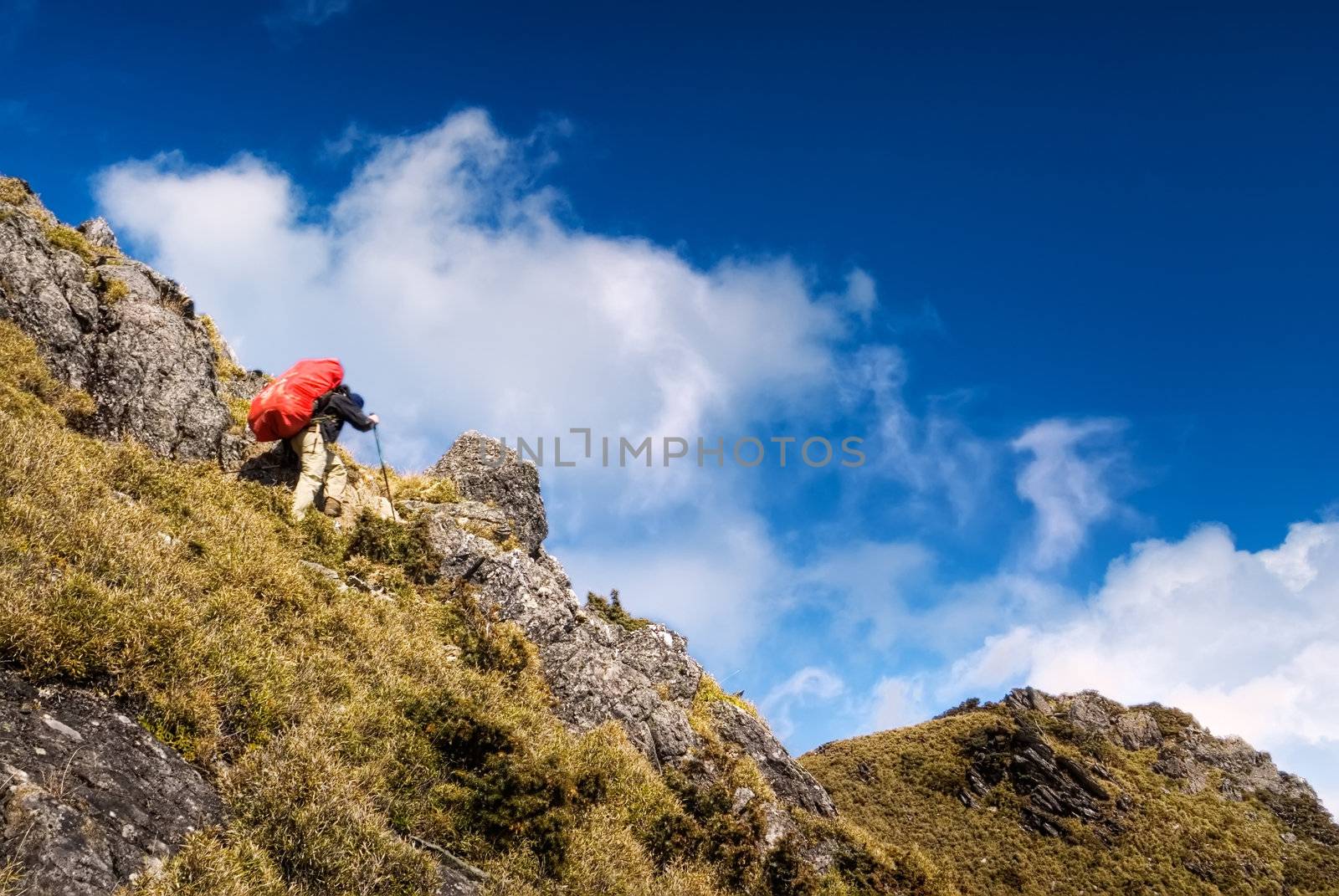 Mountain climbing of man back heavy red backpack walking.