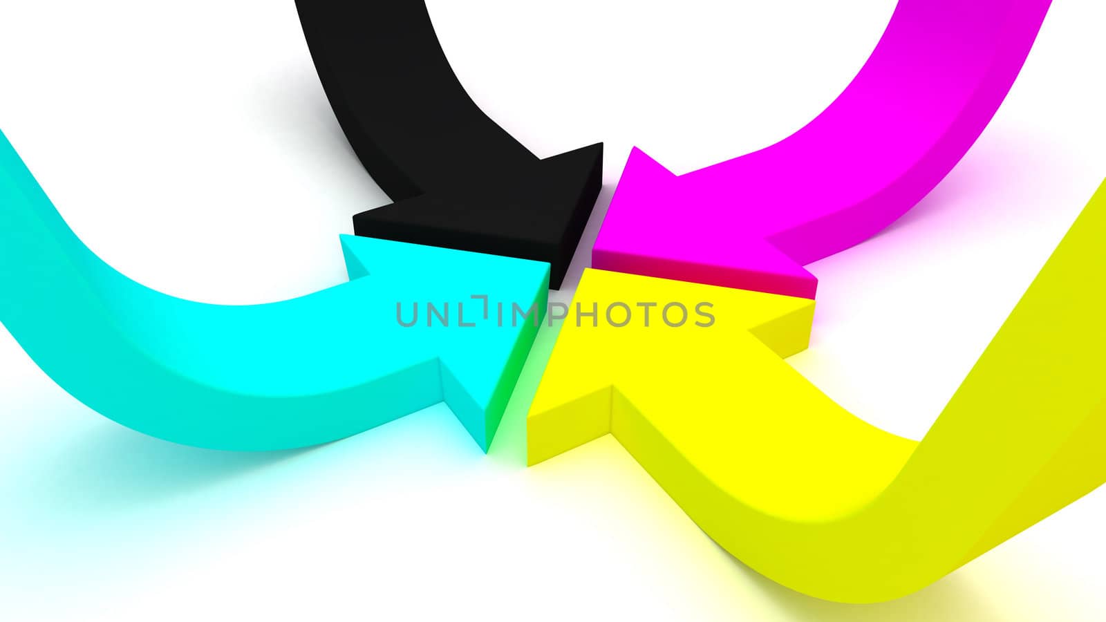 Cyan, magenta, yellow, black arrows on a white background