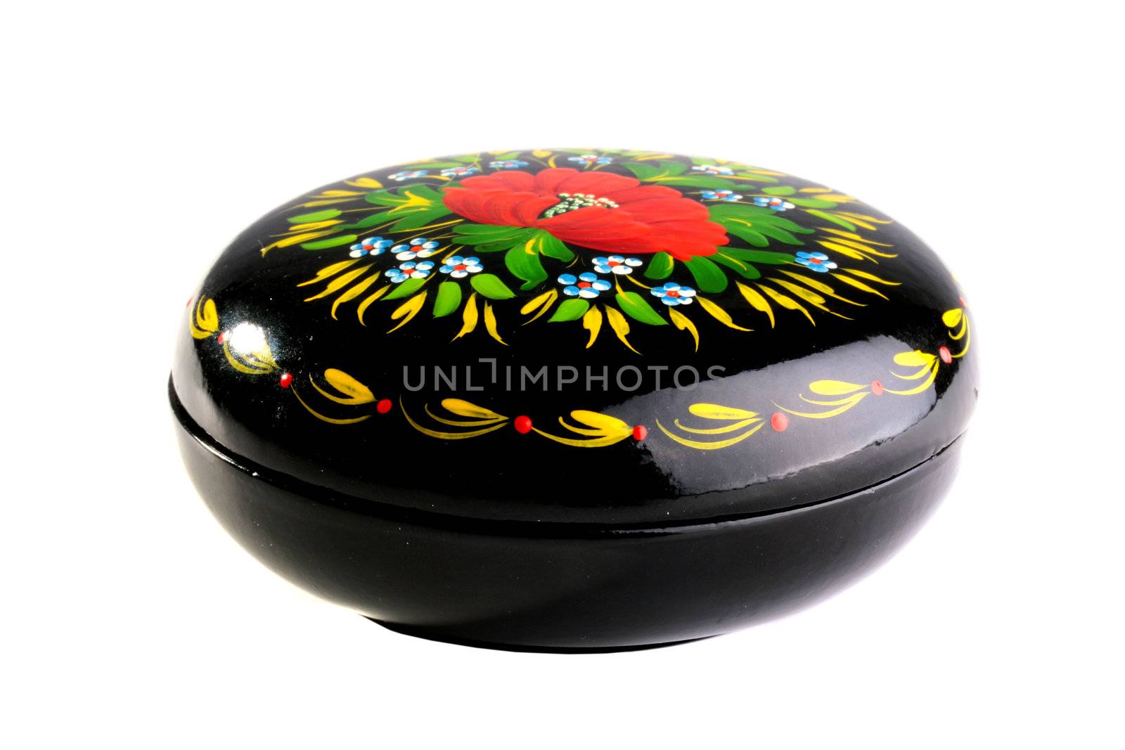 Wooden box covered with a black varnish and ornamented in Russian style.