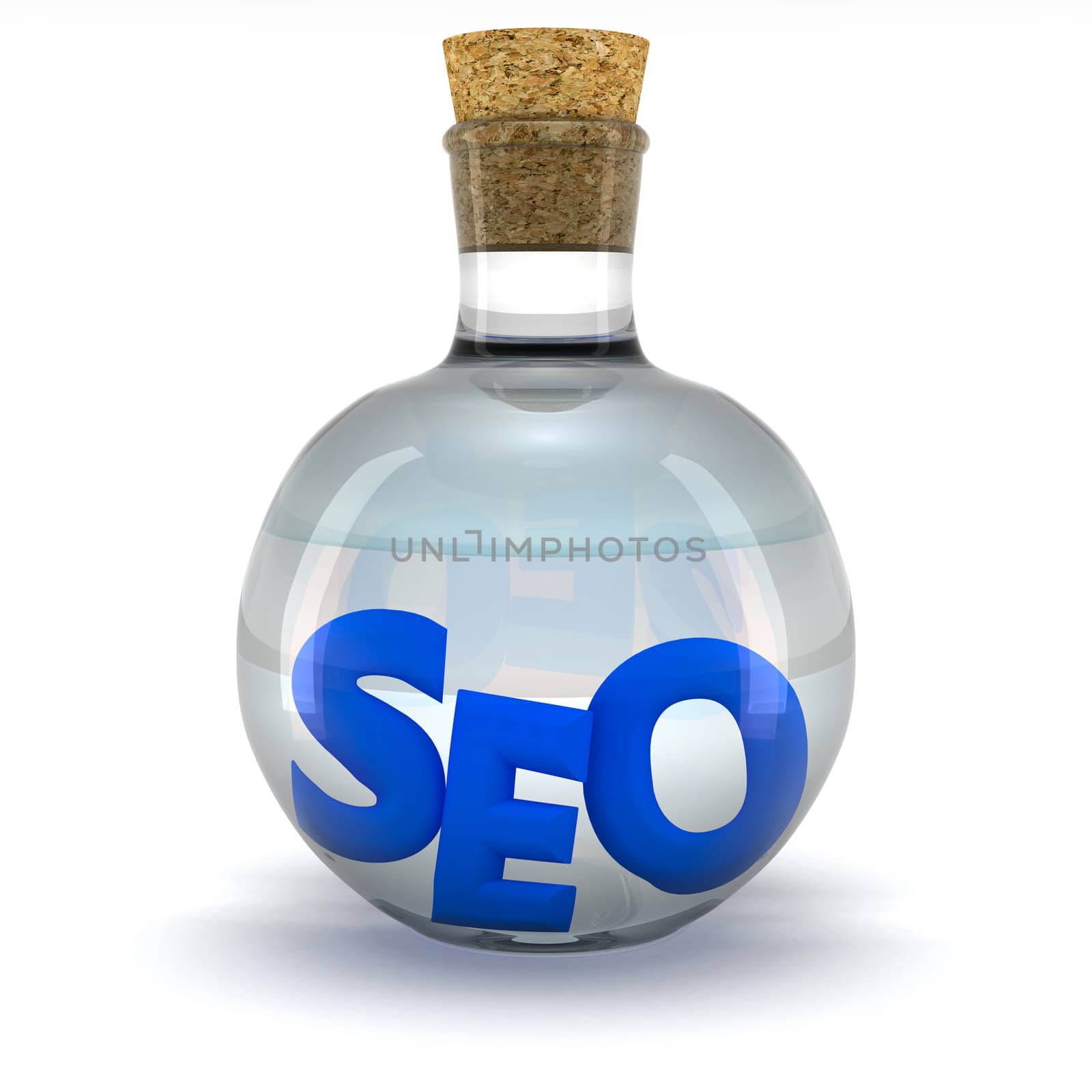 Blue word SEO in the glass flask 