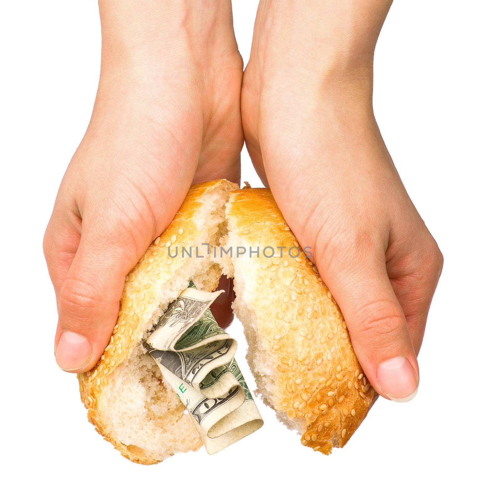 Hands holding the bun stuffed with money