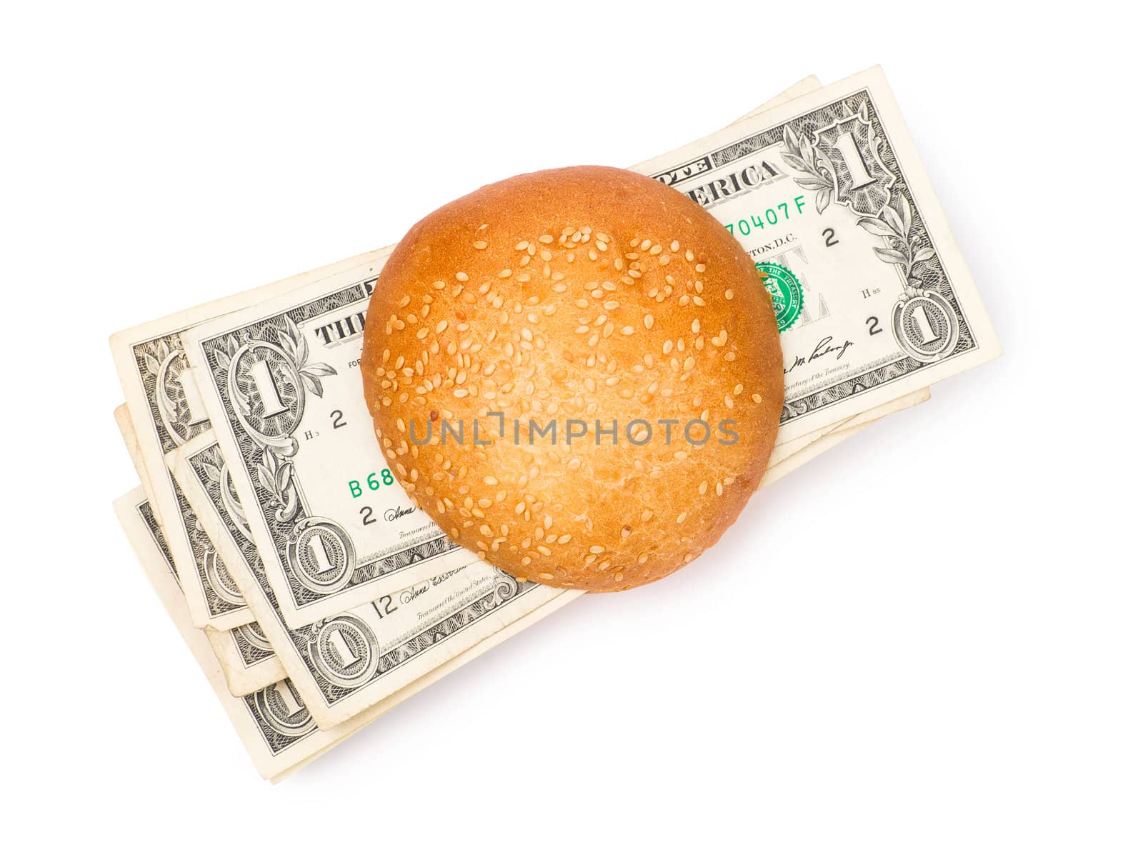 Money-stuffed burger isolated on the white background