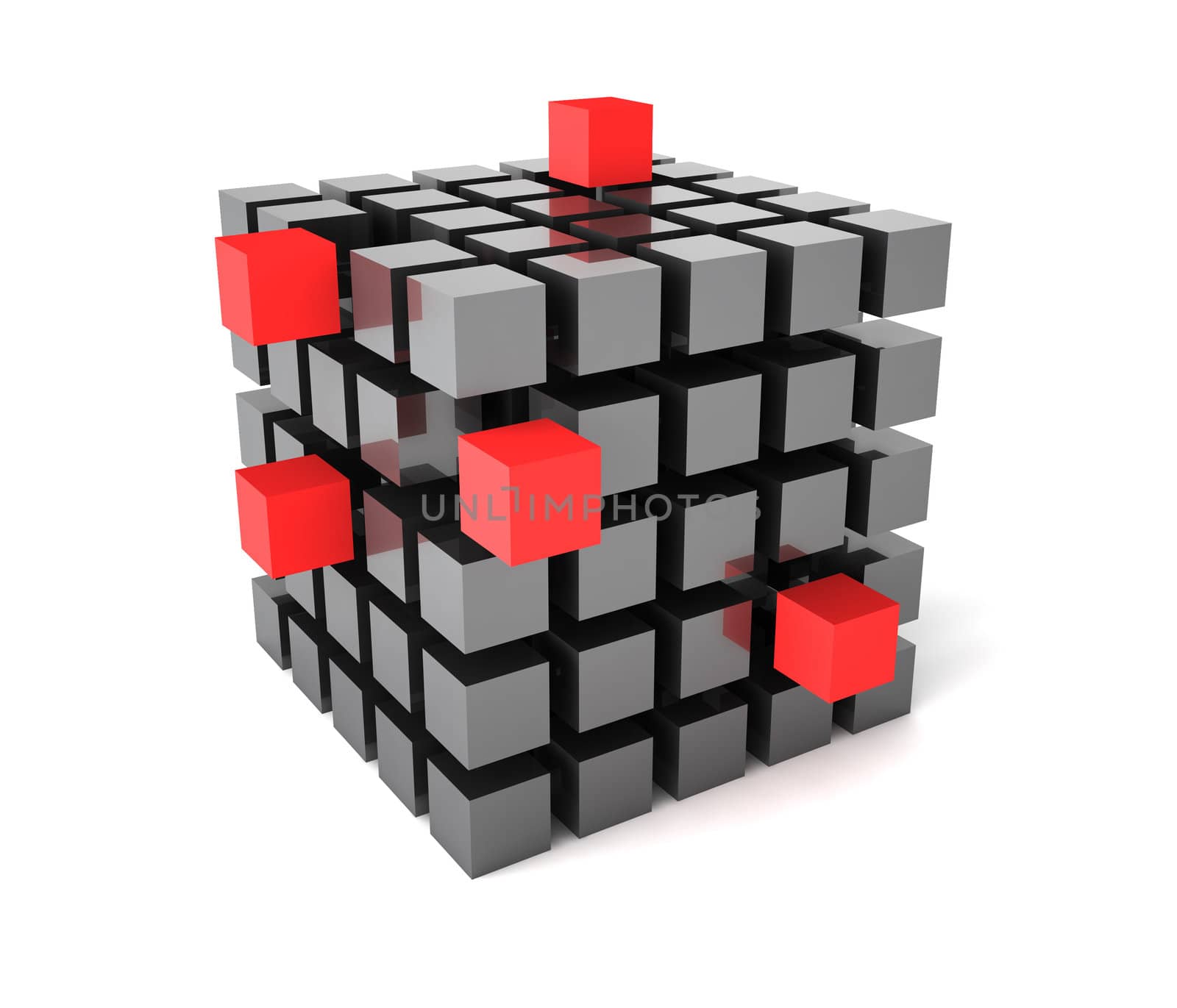Three-dimentional cube with gray and red blocks isolated on white background