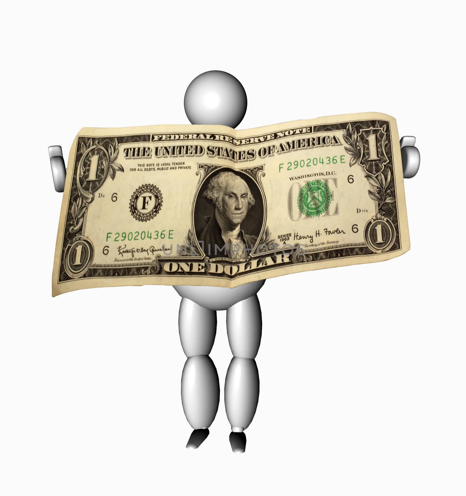 3D puppet holding one dollar banknote over white background