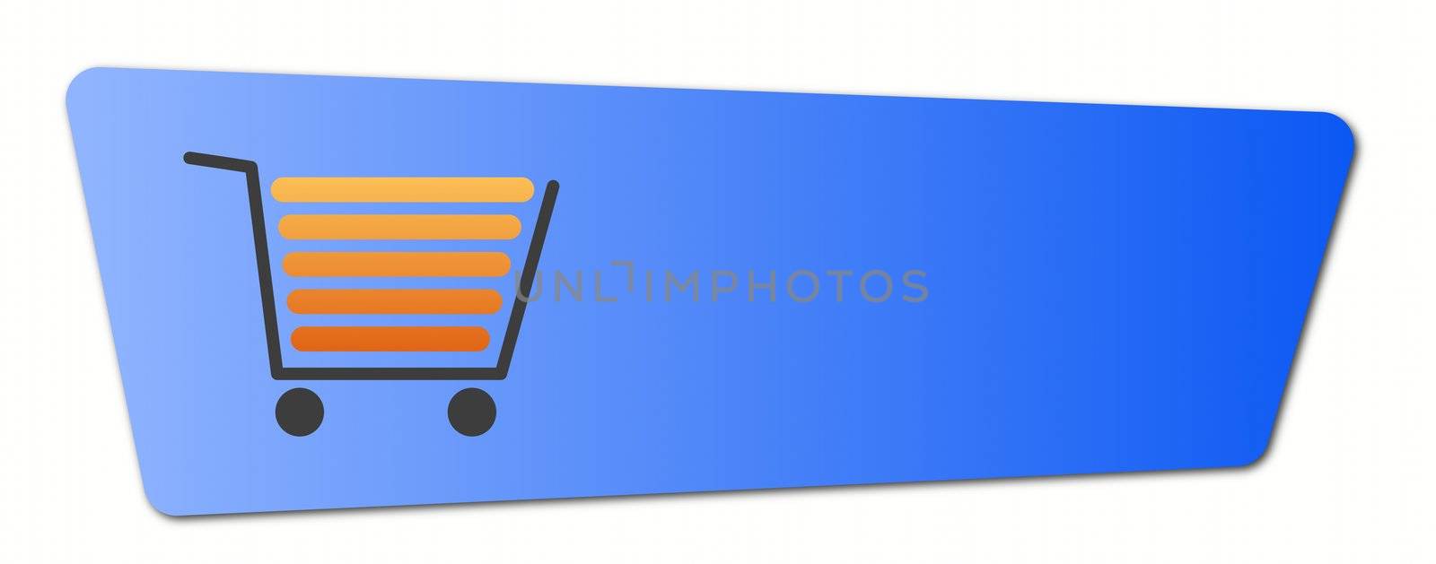 Blue shopping cart button with a shopping cart on white background.