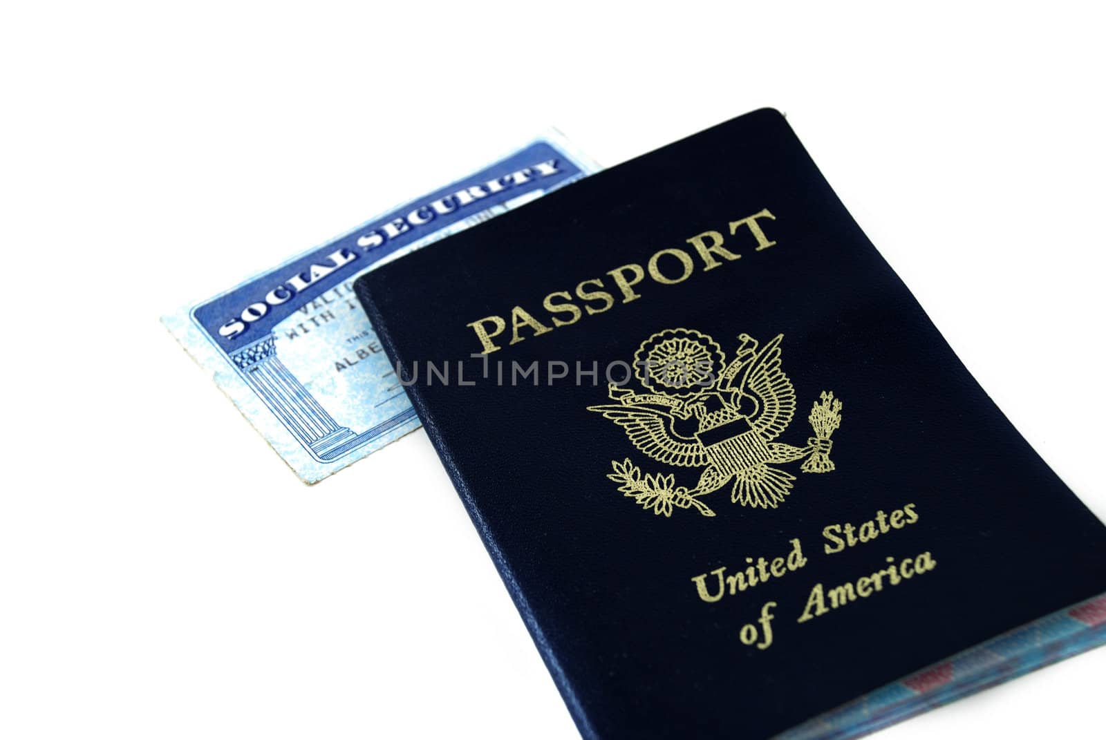 stock pictures of a social security card and a passport