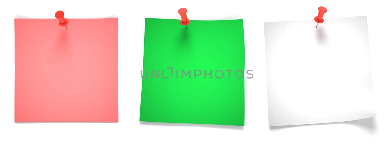 Three multicolored note papers attached with red pins
