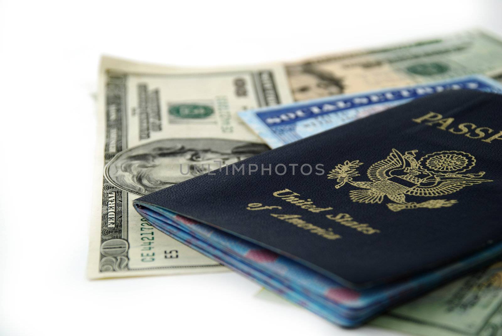 social security card, a passport and several dollar notes