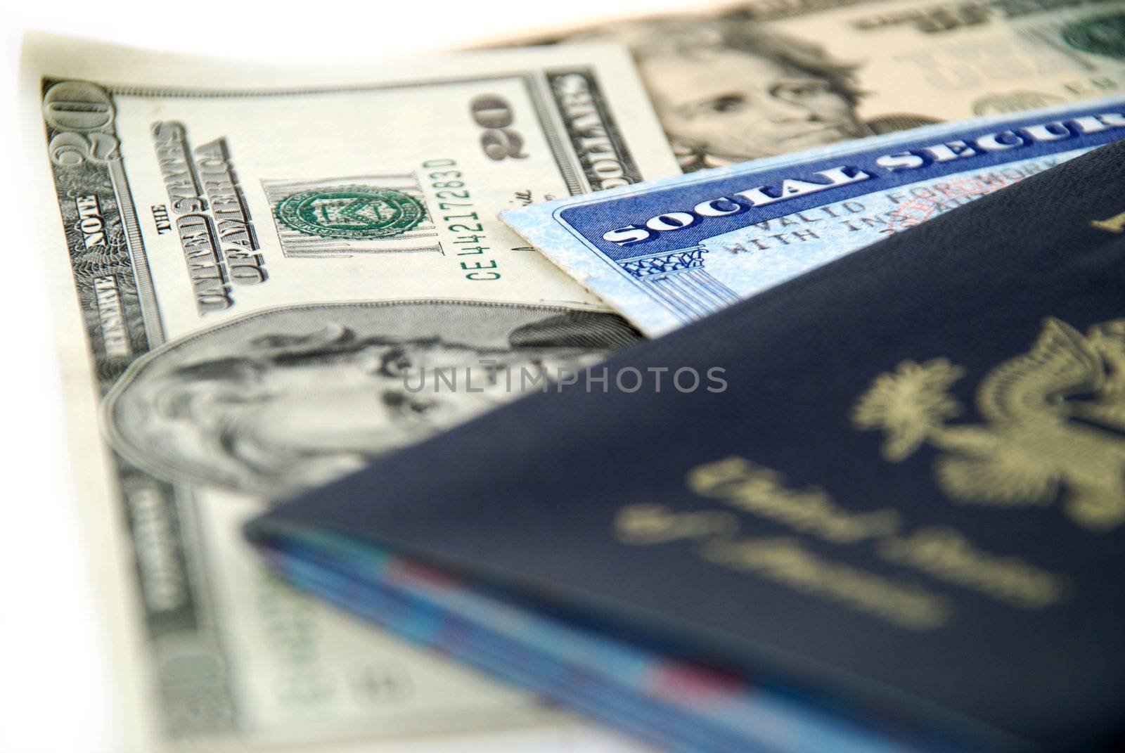 social security card, a passport and several dollar notes