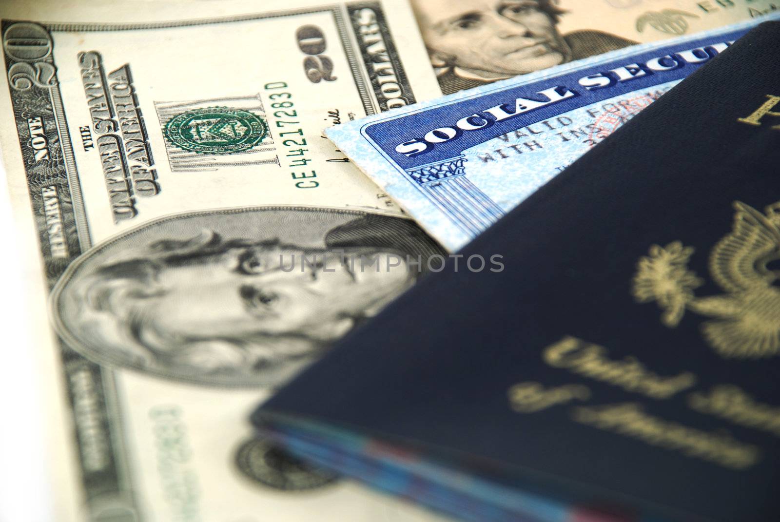 social security card, a passport and several dollar notes