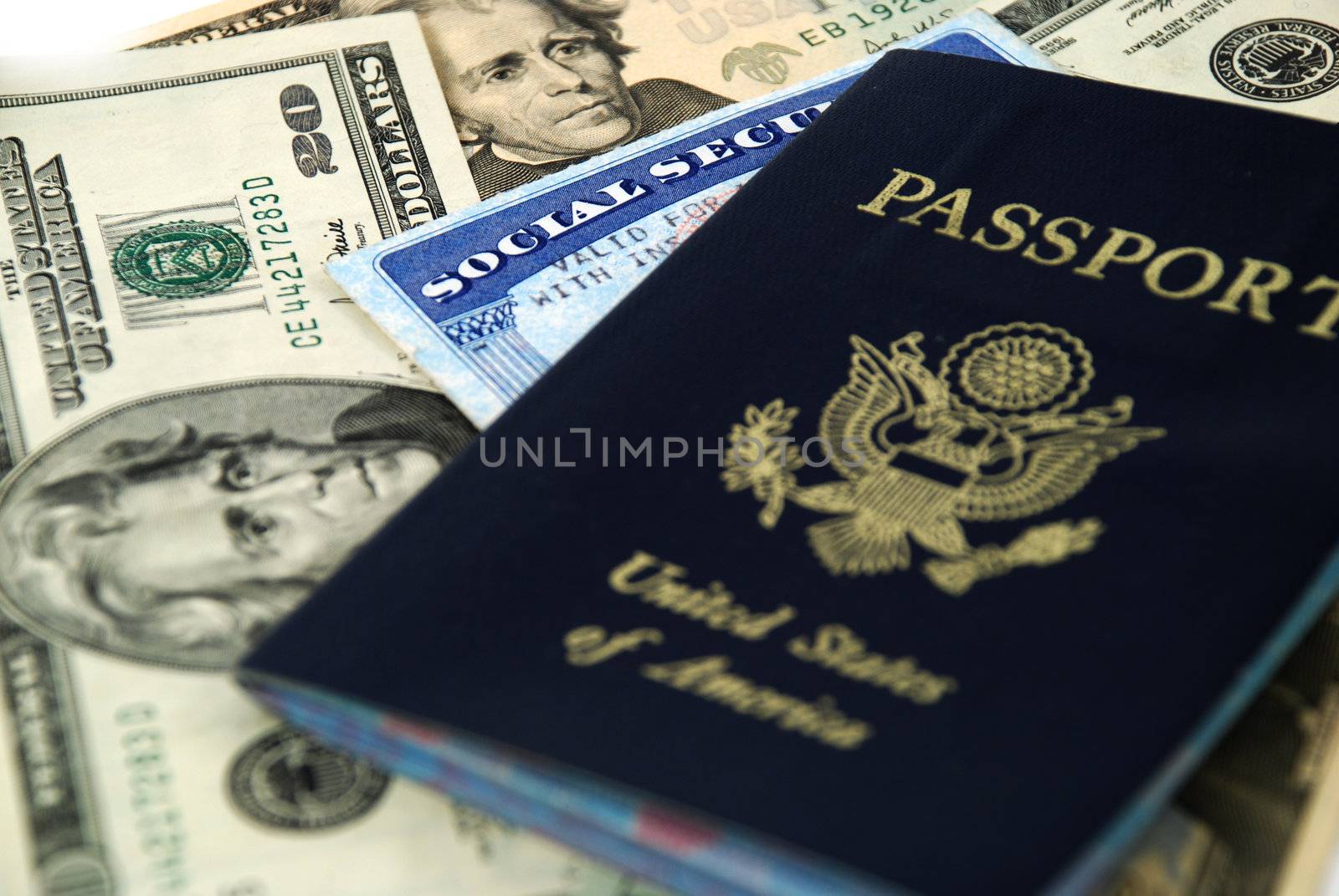 social security card, a passport and several dollar notes