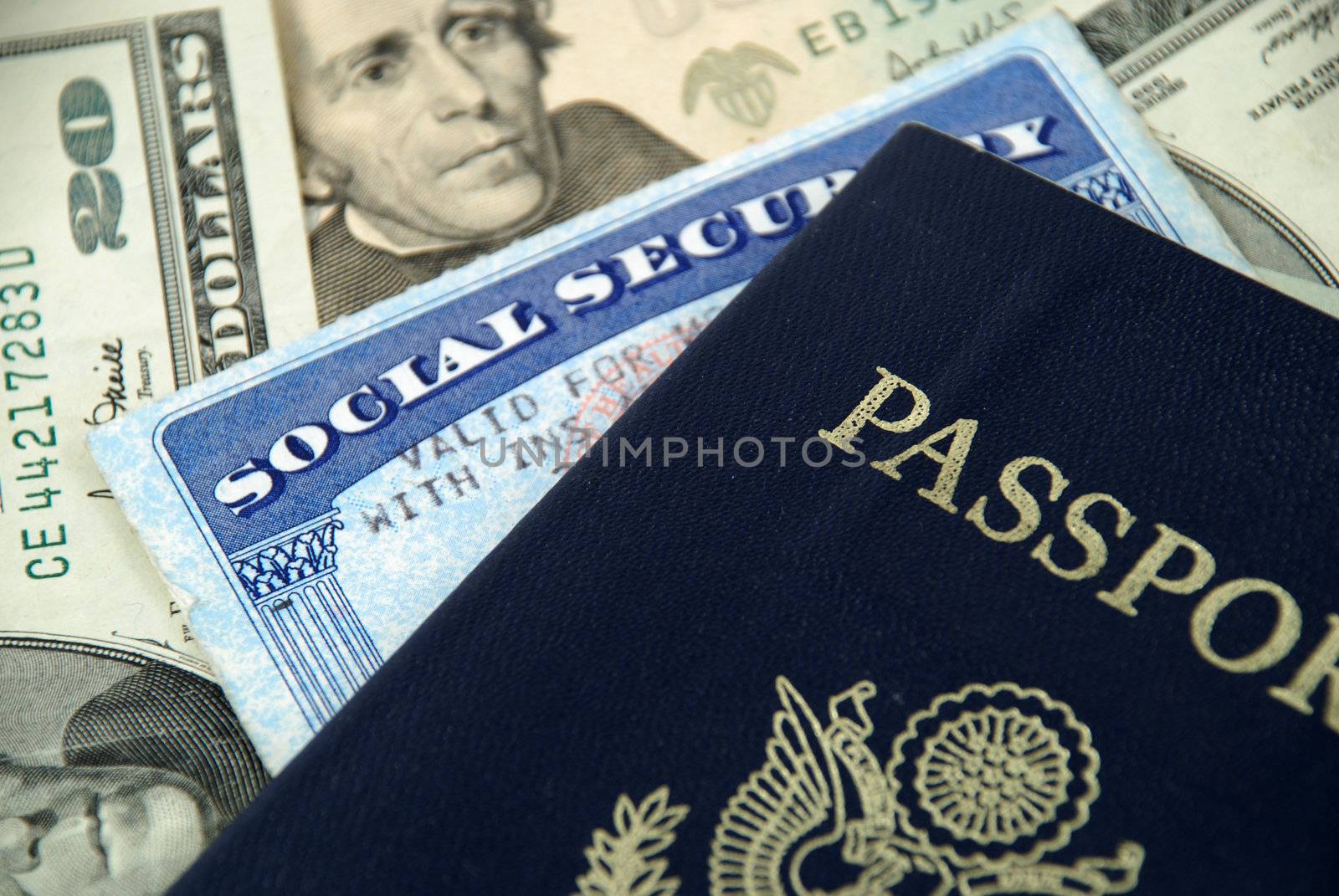 social security card, a passport and several dollar notes