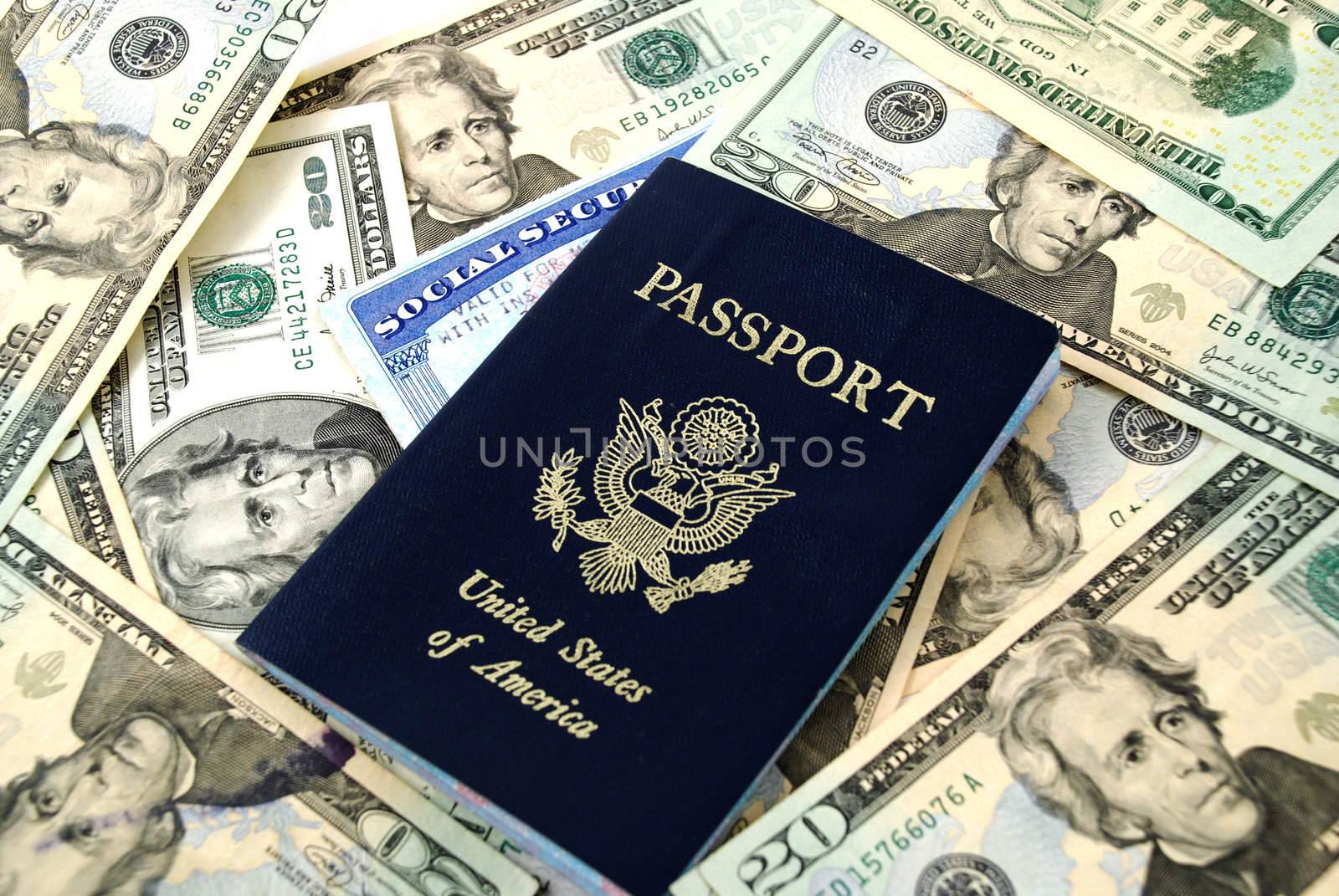 social security card, a passport and several dollar notes