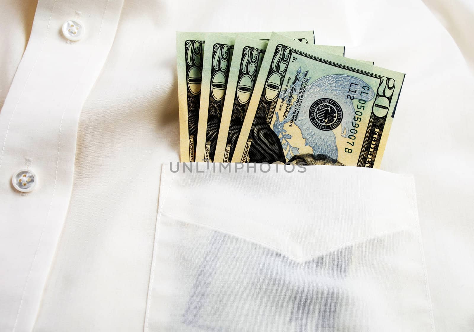  pictures of several twenty dollar bills in the pocket of a shirt