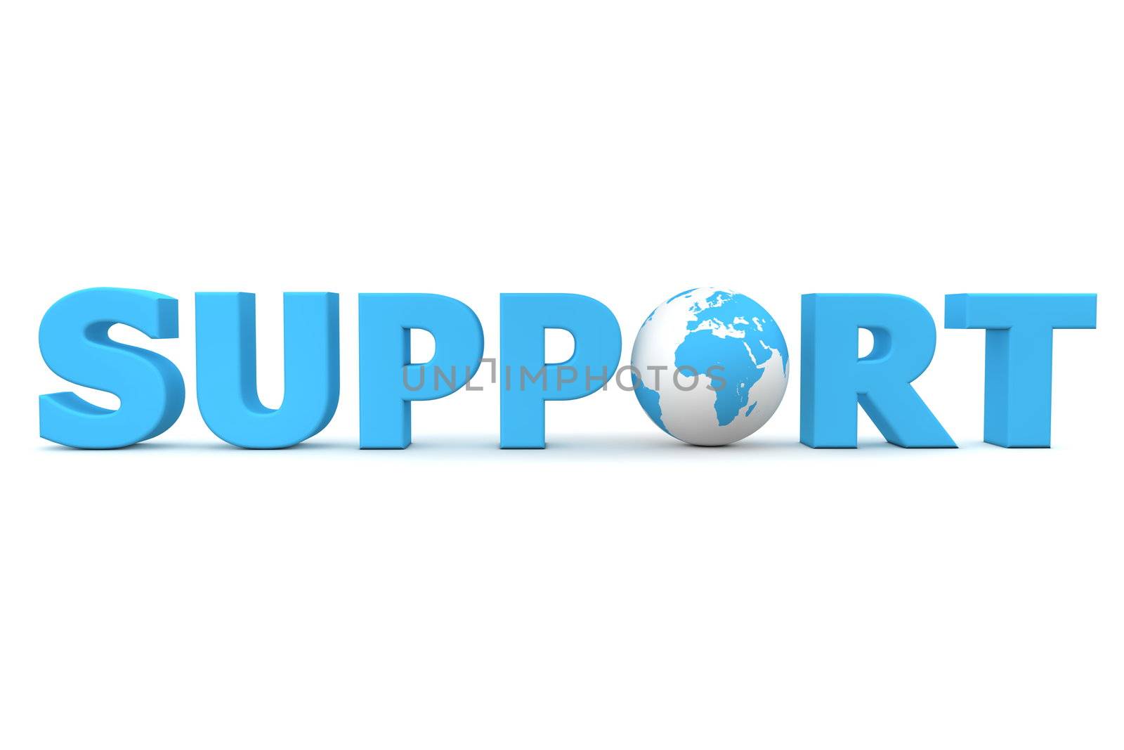 blue word Support with 3D globe replacing letter O