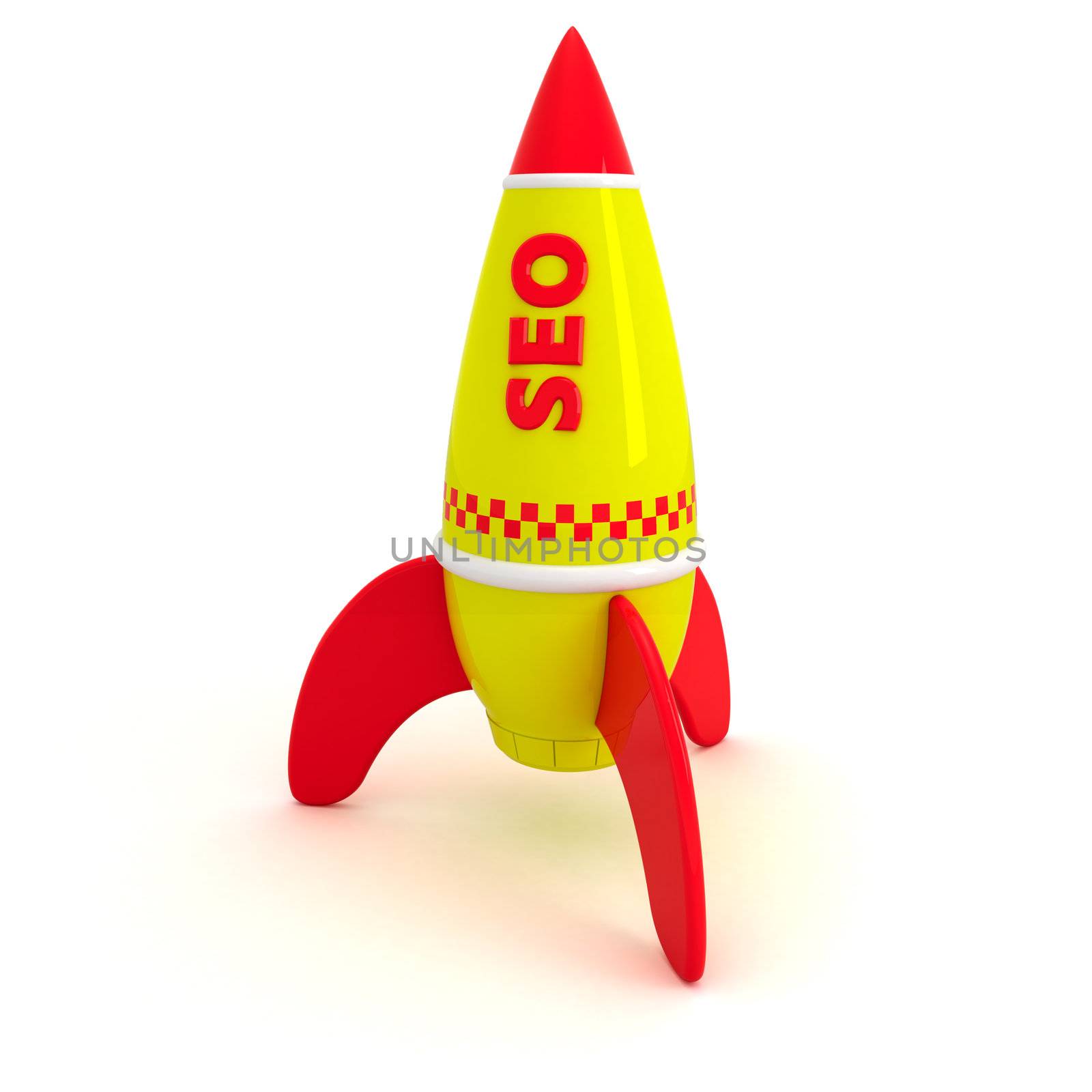 Red word SEO written on the yellow rocket