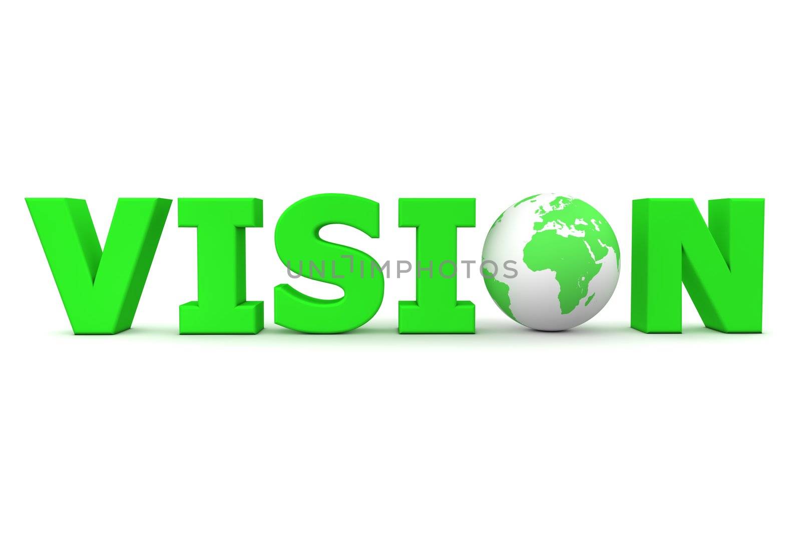 green word Vision with 3D globe replacing letter O