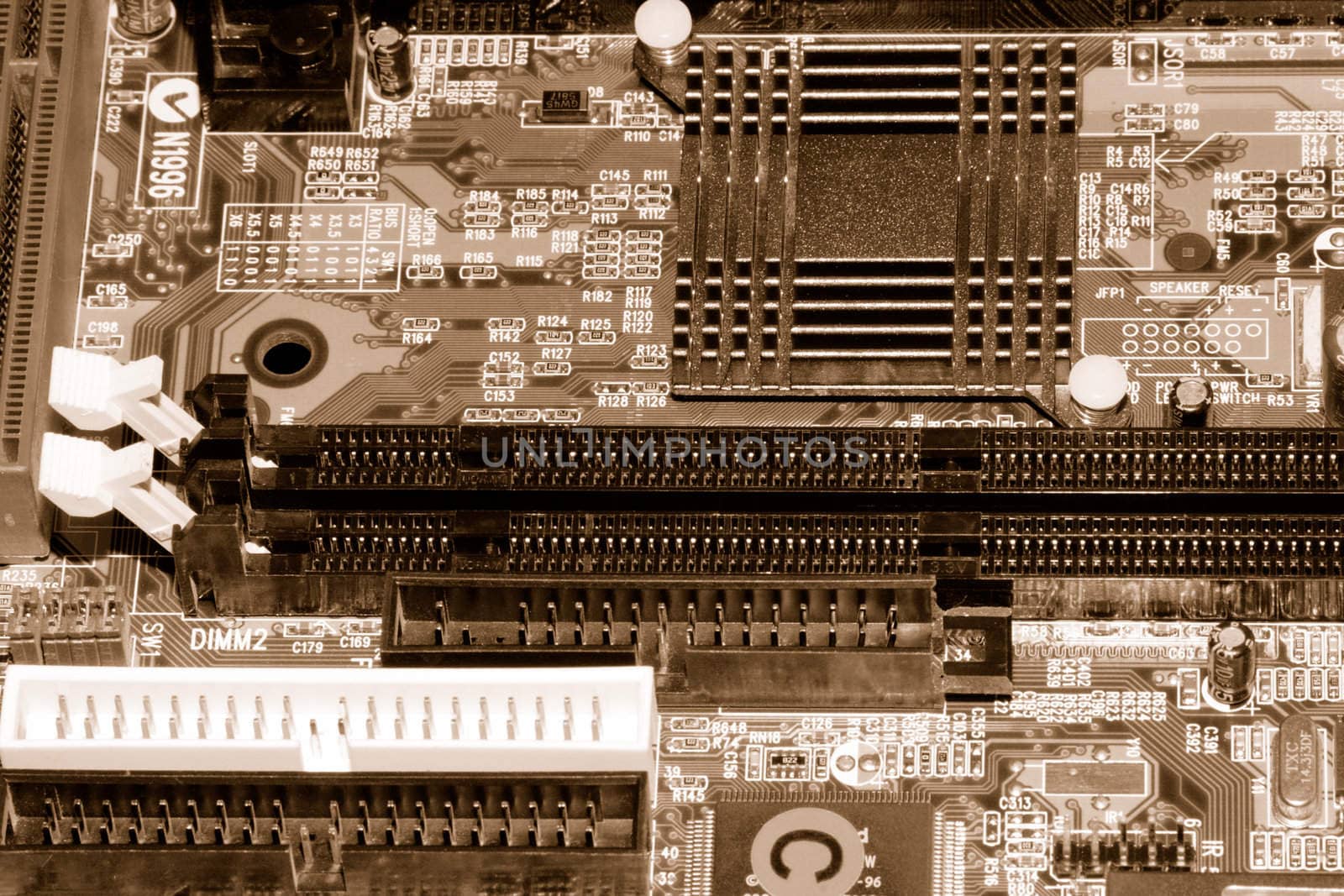 Motherboard, processor and other electronic computer components close up