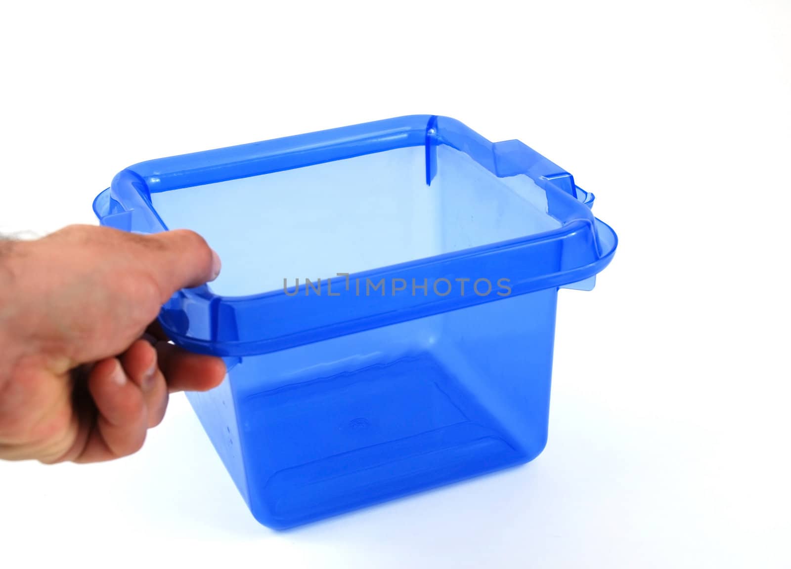 pictures of a blue plastic bin over a white background