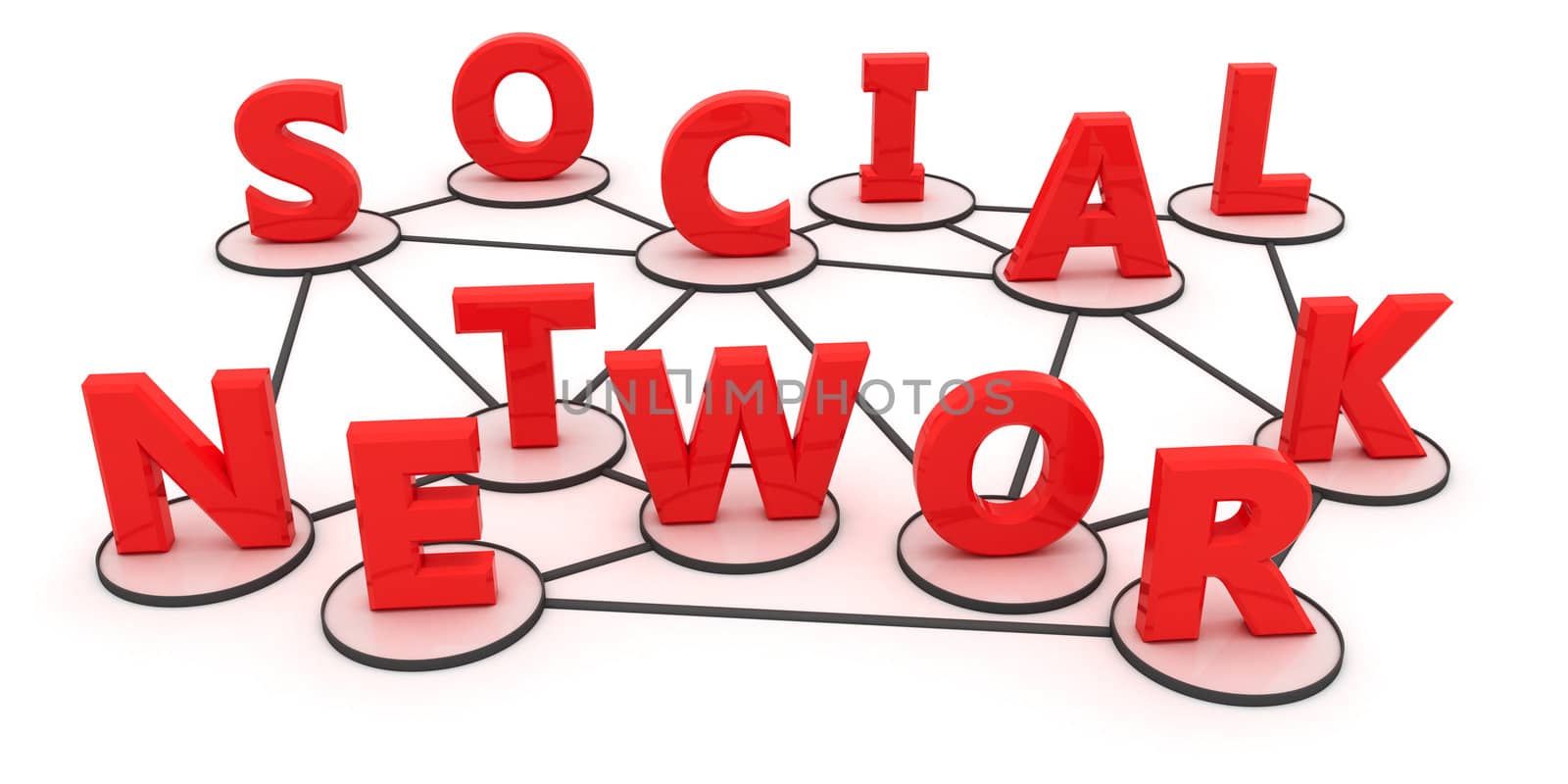 Letters of the words "social network" are intertwined in the form of the concept of social network