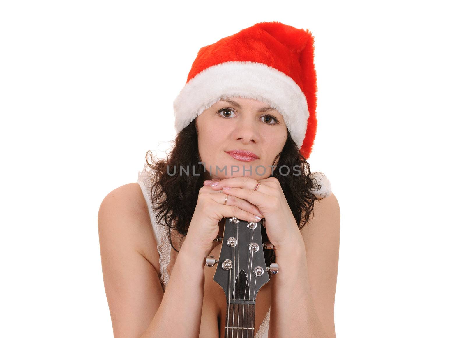 woman santa claus with guitar isolated on white background