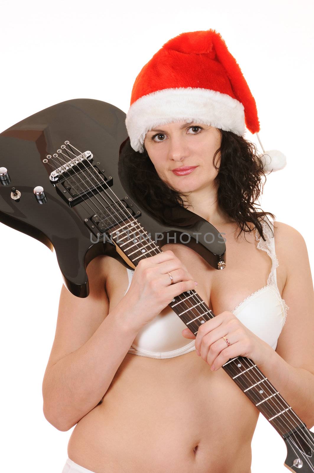 woman santa claus with guitar isolated on white background
