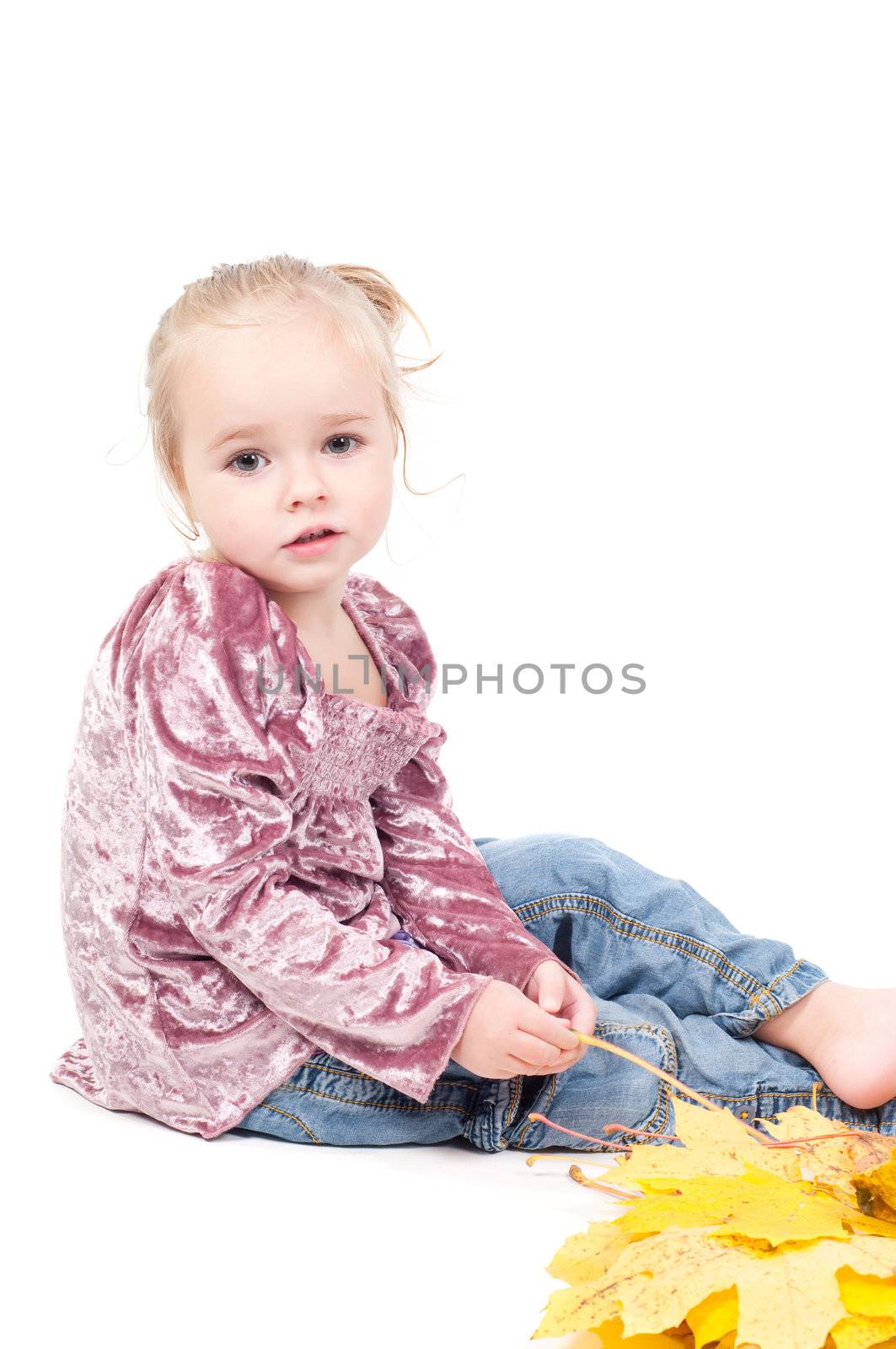 Shot of toddler playing with muple leaves in studio