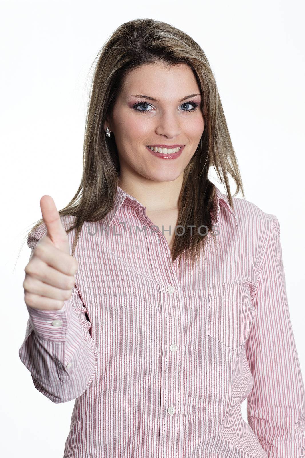 young beautiful woman in studio expressing success