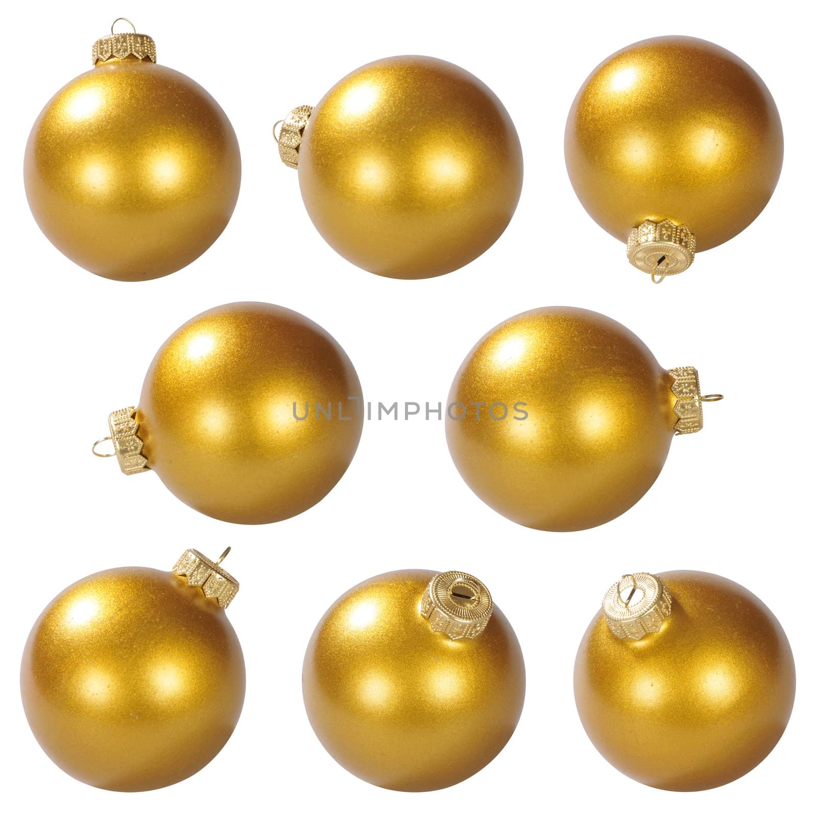 Gold christmas ball is in the different foreshortenings isolated on white with clipping paths