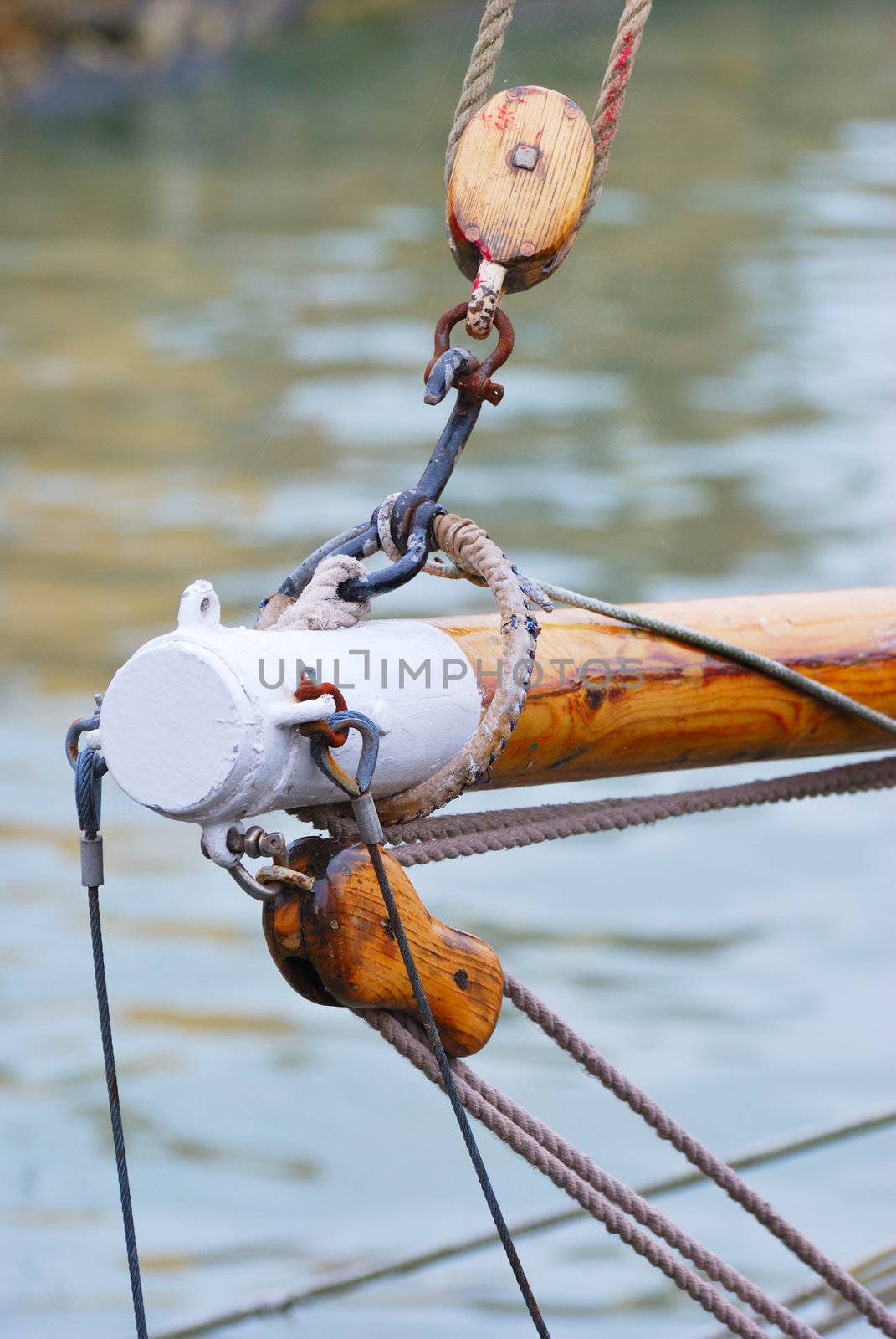 detail of yacht pulley and rope