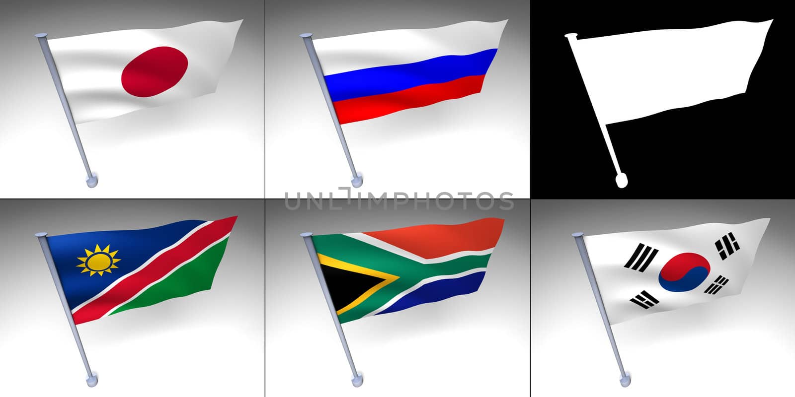 Five various flags on a pole with alpha channel