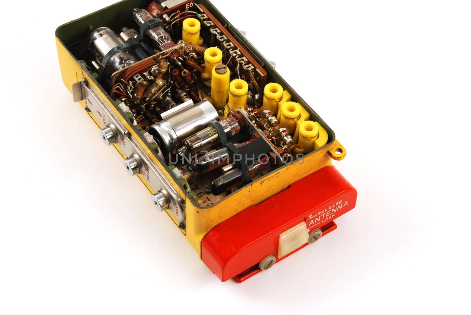 interior of a vintage radio transmitter showing the different old and bulky components used